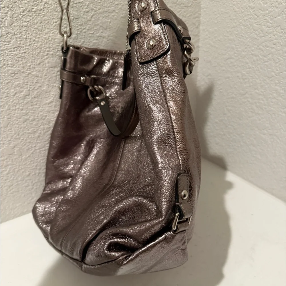 COACH Brooke Large Leather Metallic Gunmetal Silver Hobo Slouchy Bag F16618